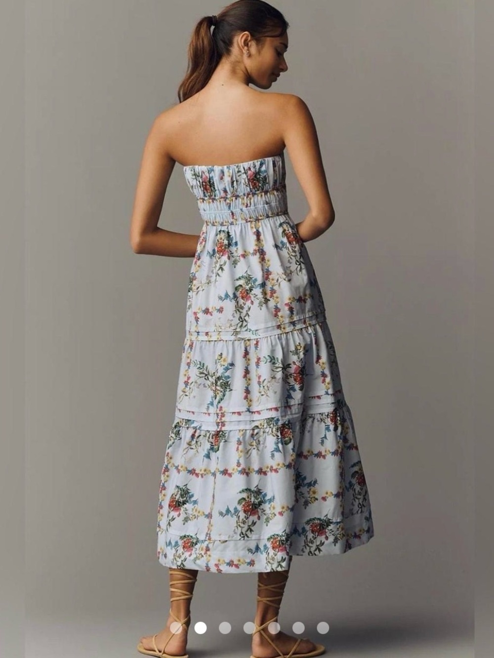 Anthropologie Strapless Floral Tiered Midi Dress - Blue with Multicolor Blooms